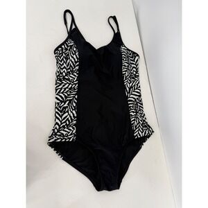 Tahiti Womens Black White Leaf Print One Piece Swimsuit Sz L (12-14)